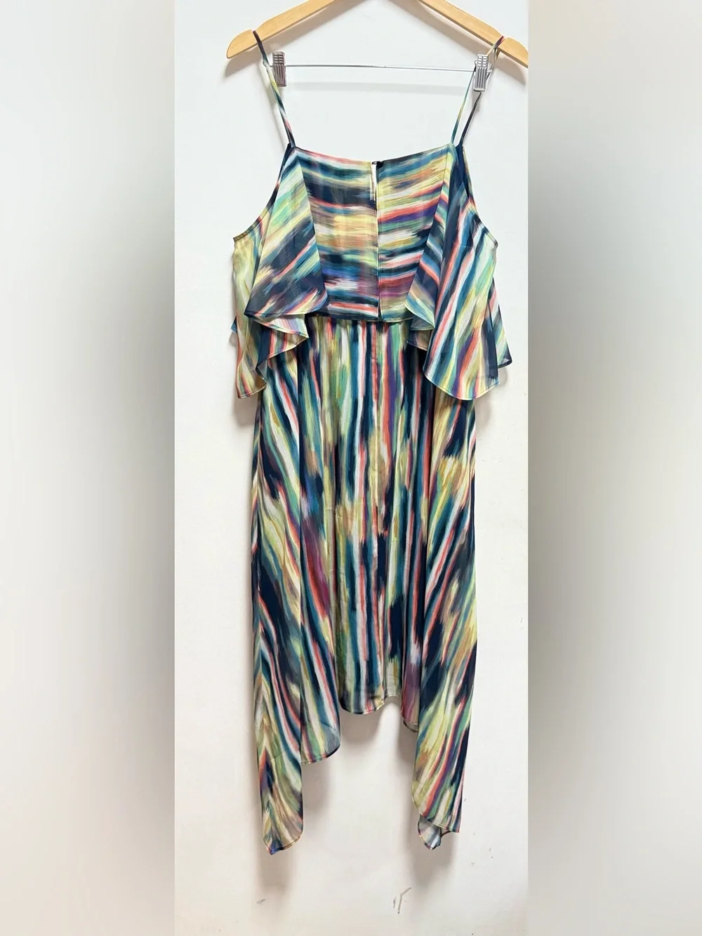 a.n.a Off-Shoulder Watercolor Stripe Asymmetrical Midi Dress - Navy, Teal, Red - Picture 5 of 10